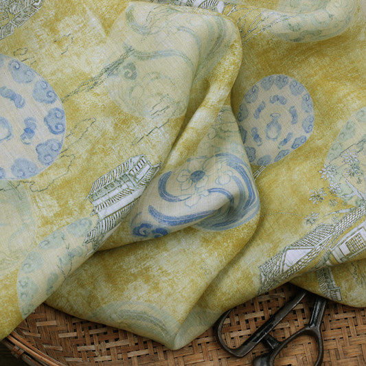 Yellow Porcelain printed 42-count ramie fabric #Color_Yellow Porcelain