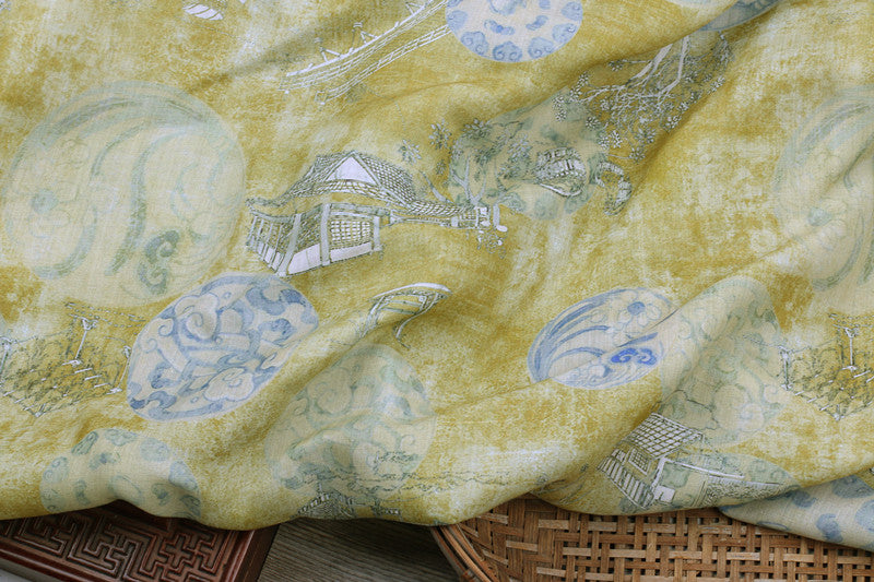 Yellow Porcelain printed 42-count ramie fabric #Color_Yellow Porcelain