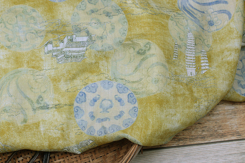 Yellow Porcelain printed 42-count ramie fabric #Color_Yellow Porcelain