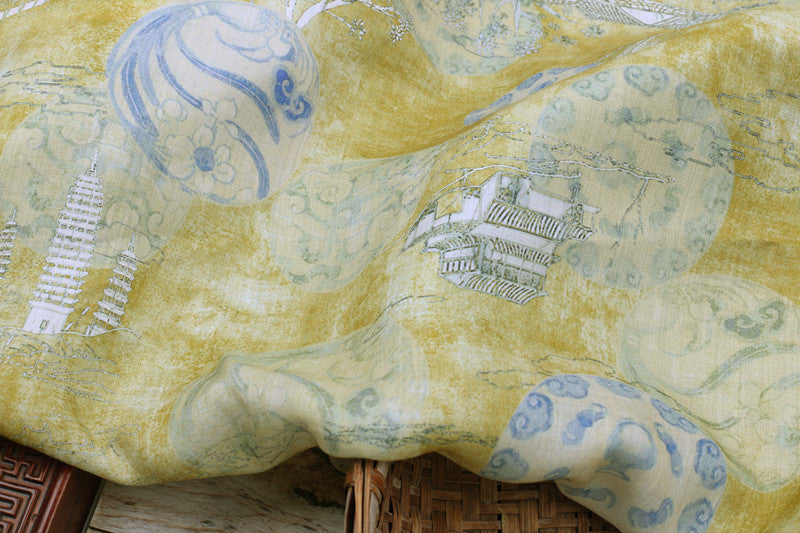 Yellow Porcelain printed 42-count ramie fabric #Color_Yellow Porcelain