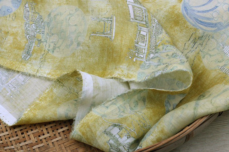 Yellow Porcelain printed 42-count ramie fabric #Color_Yellow Porcelain