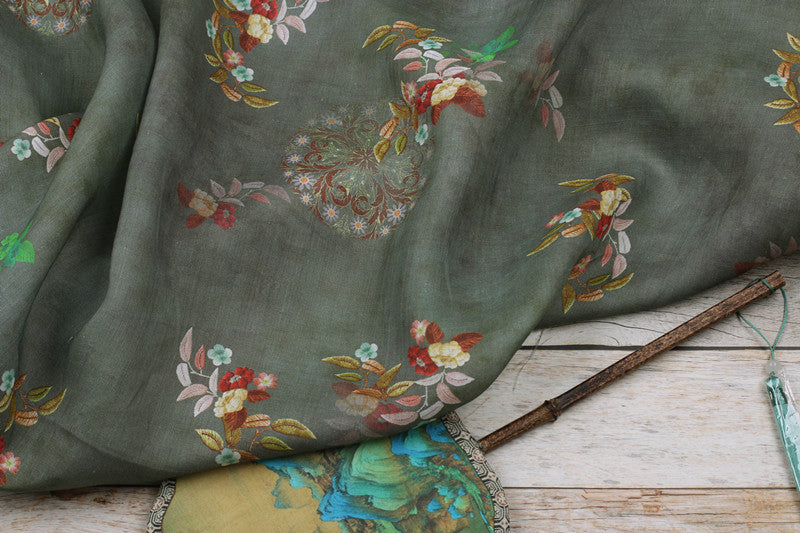 Green Chinese Floral printed 42-count ramie fabric #Color_Green Chinese Floral