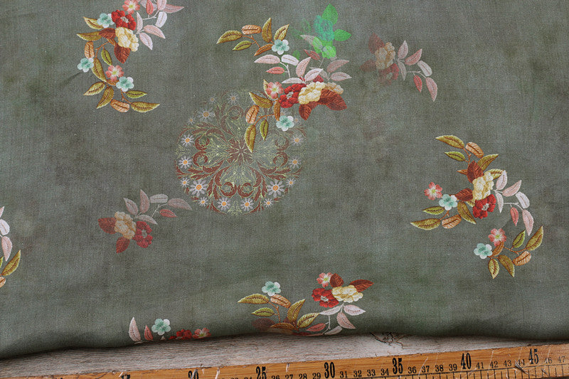 Green Chinese Floral printed 42-count ramie fabric #Color_Green Chinese Floral