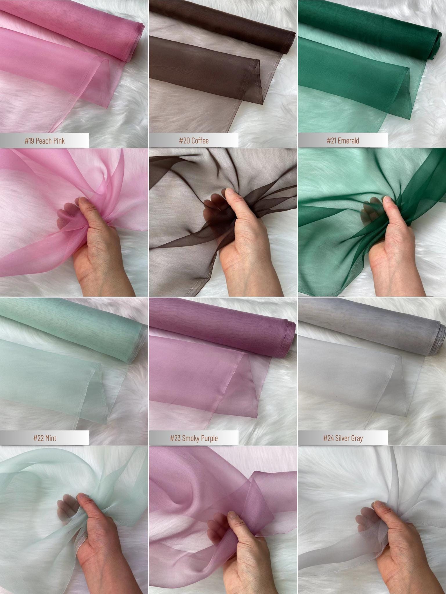 100% Silk Organza, 6 Momme 60 Solid Colors Silk Fabric, 140cm wide by the Yard or Meter