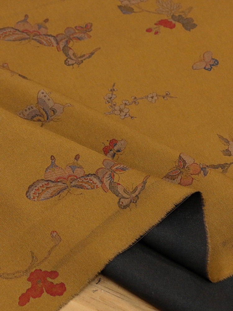 HUDH - 35 Momme Butterfly Flower Print Double-Sided Satin Mud Silk Fabric - 105cm wide by the Yard