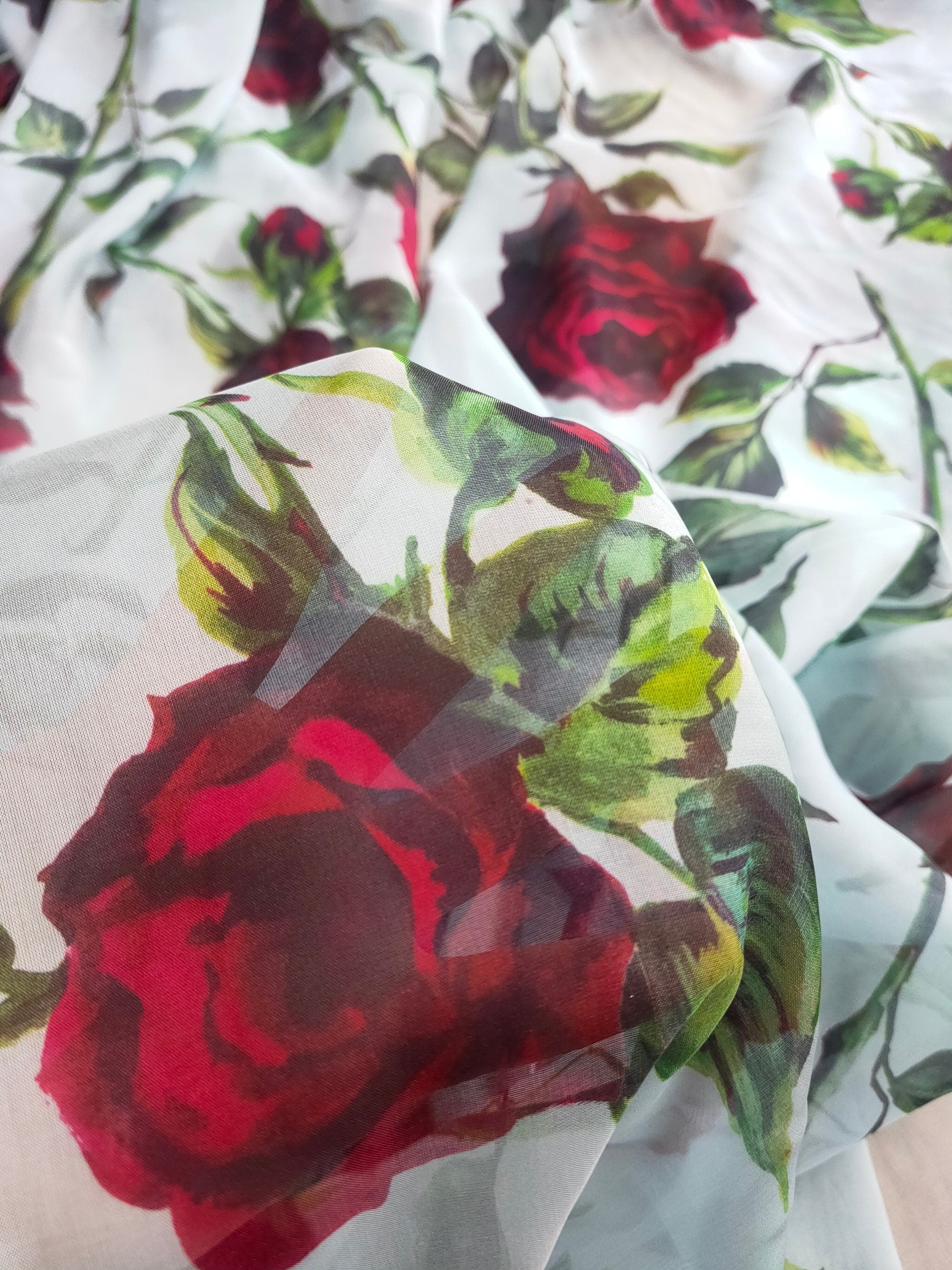 HONGMG - 10 Momme Red Rose on Light Blue Silk Chiffon Fabric - 130cm wide by the Yard