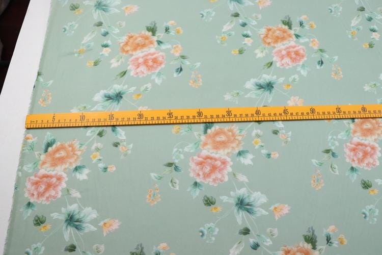 JFHLDH - 9 Momme Green-based Floral Print Silk Georgette Fabric - 137cm wide by the Yard