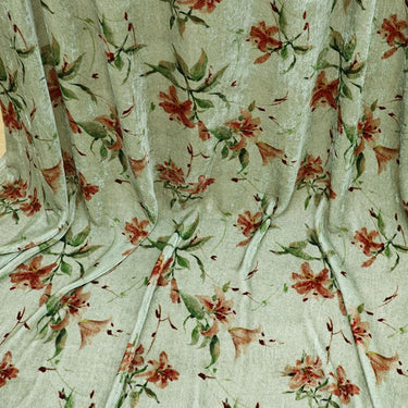 ZSRJZT - 55 Momme Light Green Background with Oleander Flower PatternPrinted Mulberry Silk Velvet Fabric -  140cm wide by the Yard
