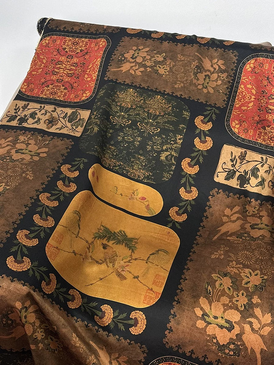 a close-up view of a fabric with a vibrant, intricate pattern of various shapes and colors, including floral and geometric designs.