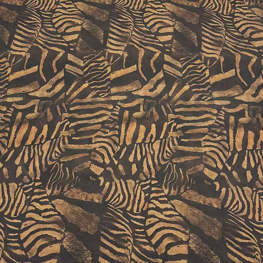a repeating pattern of zebras with a dark brown background.