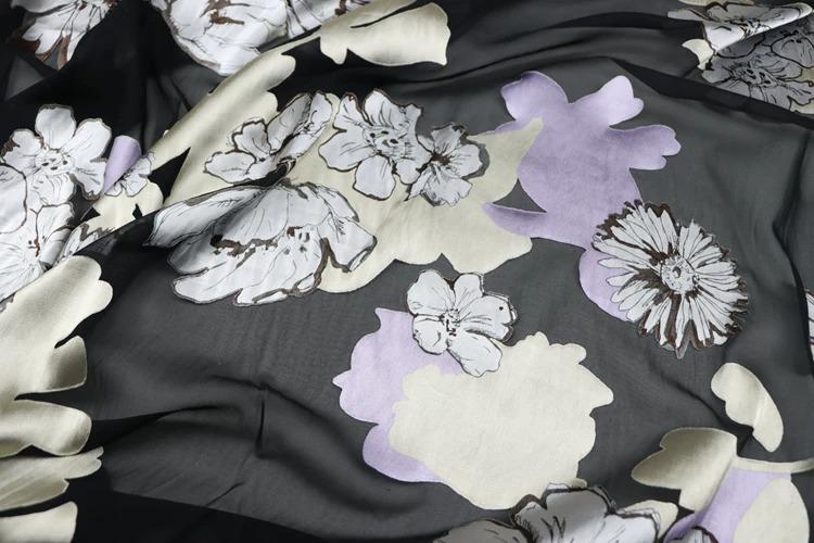 JFHHDHR - Silk Devore Satin Fabric,  16 Momme Black Burnout Big Floral , 130 cm Wide by the Yard