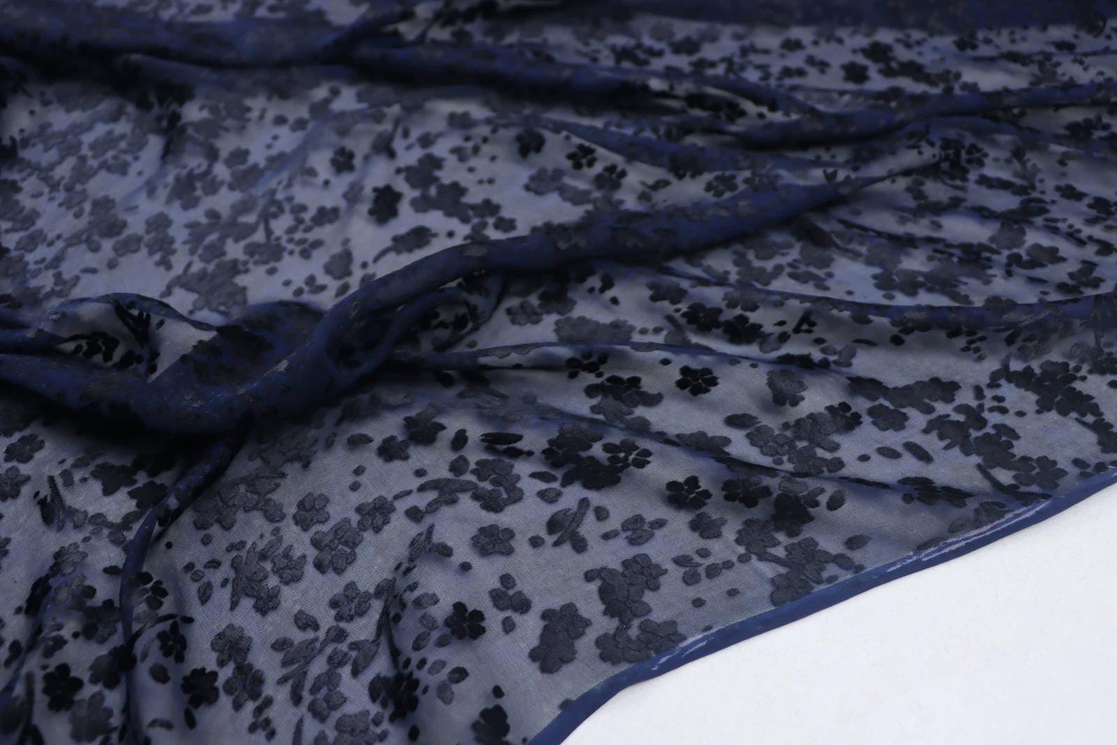 a close-up view of a fabric with a floral pattern in shades of blue and black.