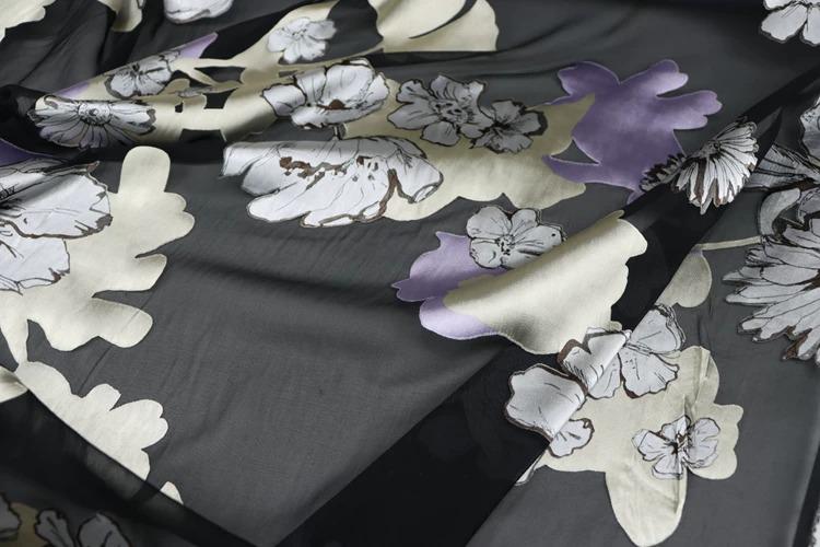 JFHHDHR - Silk Devore Satin Fabric,  16 Momme Black Burnout Big Floral , 130 cm Wide by the Yard