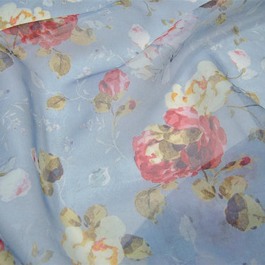 JFHOGH - 8 Momme Blue Silk Organza with Floral Print Silk Fabric - 138cm wide By the Yard