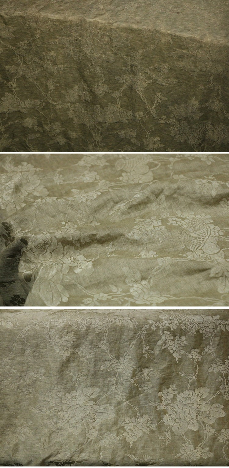 SILHEM - Vintage Distressed Silk Jacquard Linen Blend Jacquard Gambiered Ganton Mud Silk Fabric for designers - by the Yard