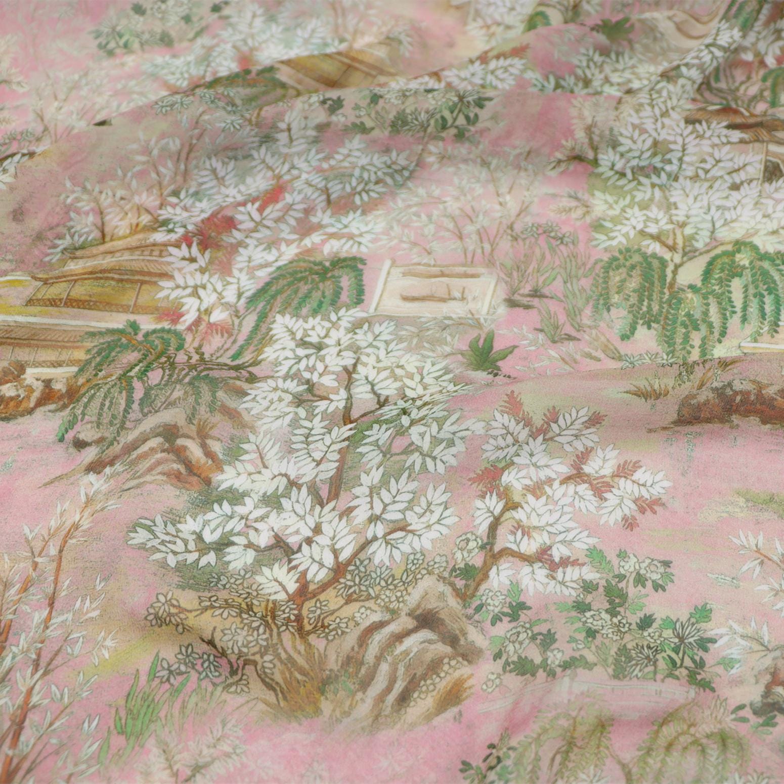 JFHGTY - 11 Momme Traditional Courtyard Pattern Silk Georgette Fabric - 140cm wide by the Yard