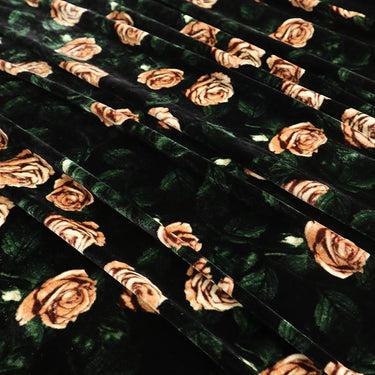 ZSRMJR - 55 Momme Dark Green Background with Flesh-toned Rose Pattern Printed Mulberry Silk Velvet Fabric -  140cm wide by the Yard