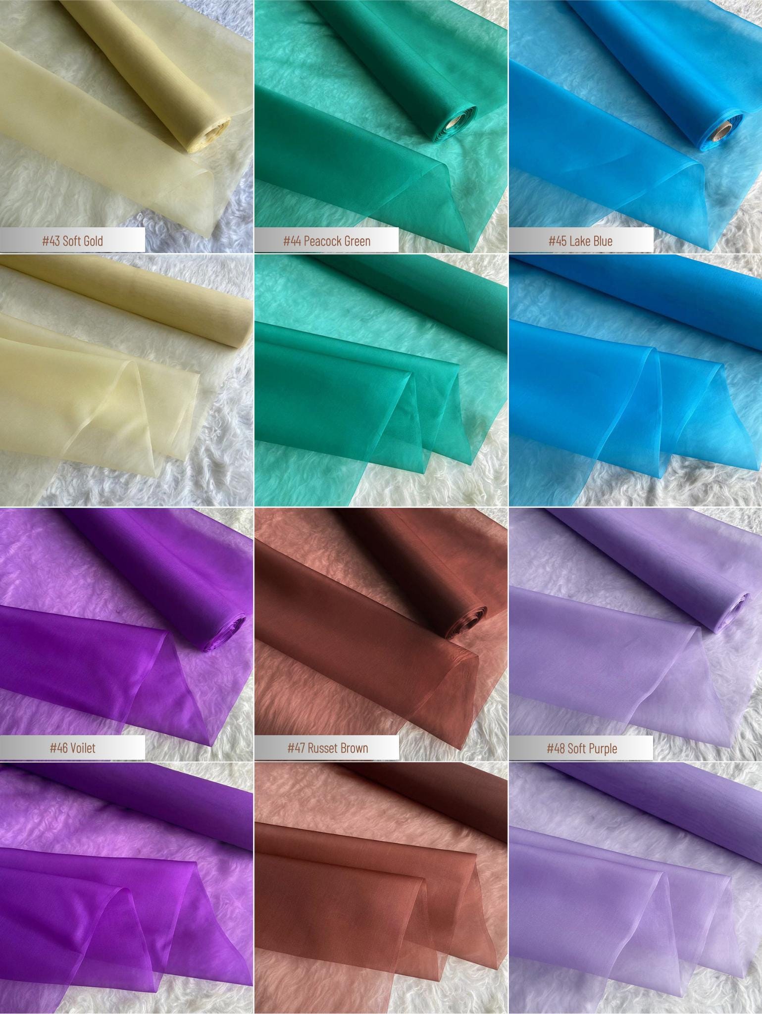 100% Silk Organza, 8 Momme 60 Solid Colors Silk Fabric, 140cm wide by the Yard or Meter