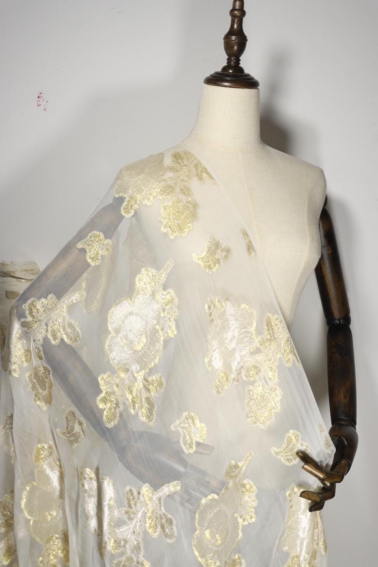 JFHBDH - 8 Momme Golden Thread Weave Silk Georgette Fabric - 112cm wide by the Yard