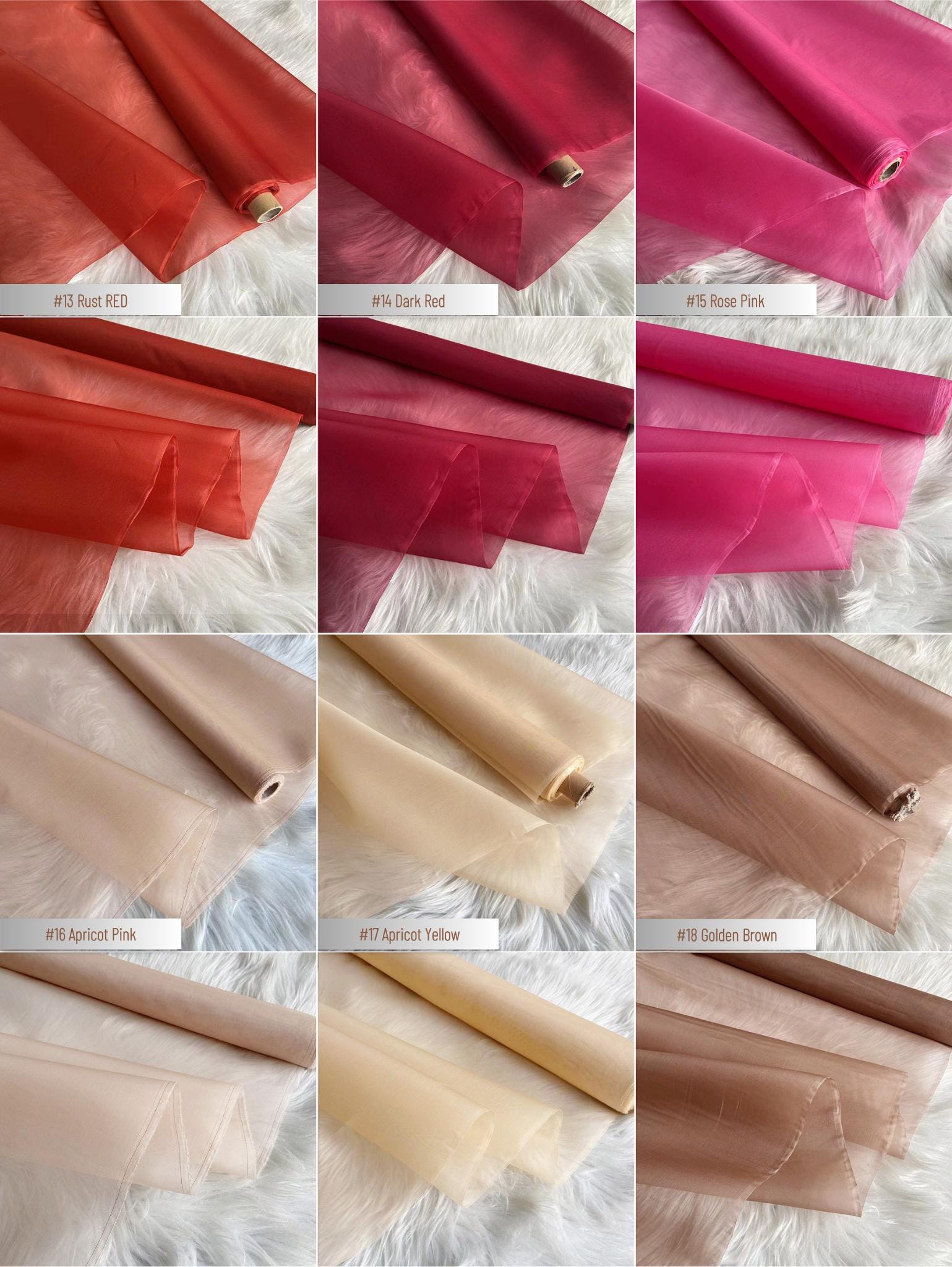 100% Silk Organza, 8 Momme 60 Solid Colors Silk Fabric, 140cm wide by the Yard or Meter