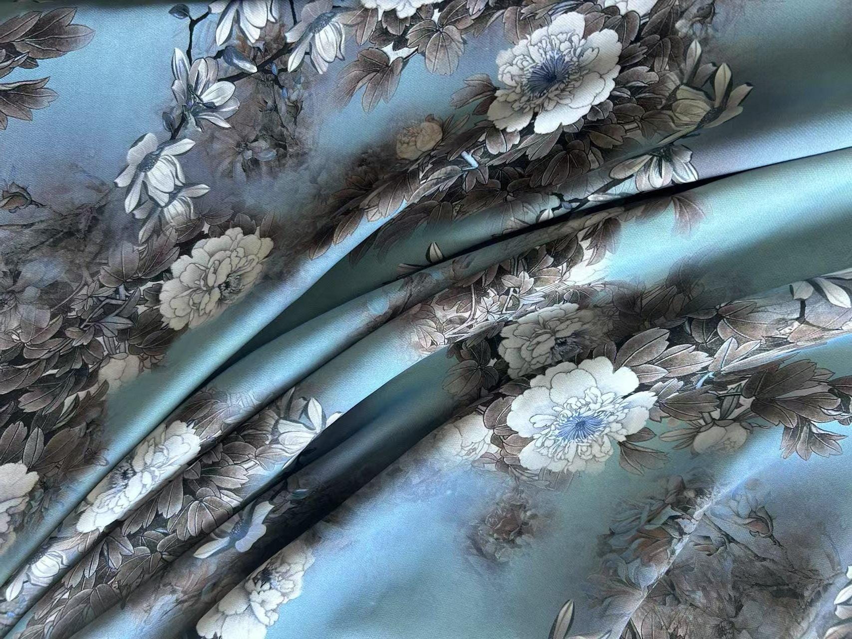 LHMUDSS - 38 Momme Both-sides-printing Peony Heave Georgette Silk Fabric - 138cm by the yard