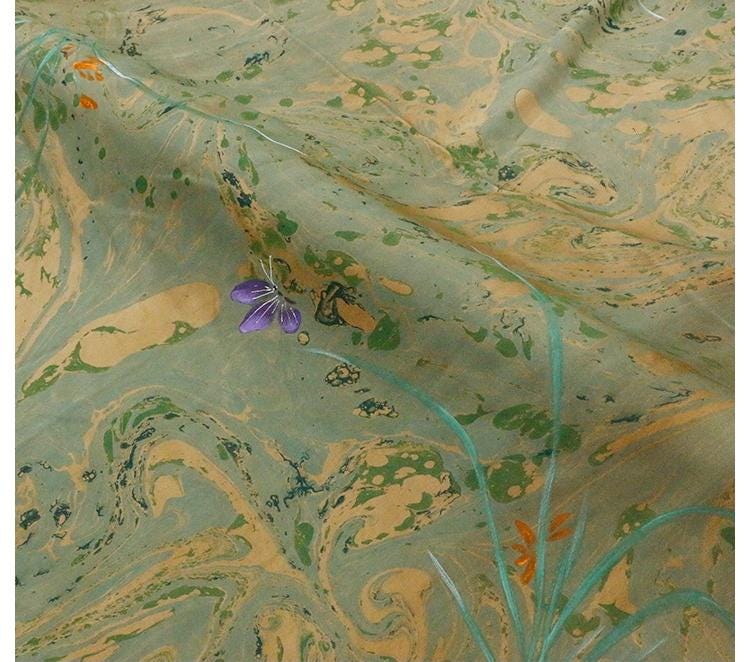 MOCILH - Handmade 38 Momme Hand Drawn Orchids Inkwell Technique Mud Silk Satin Fabric By the Yard