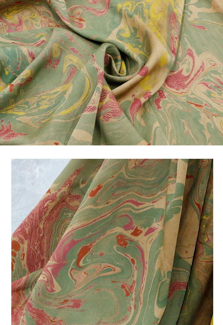 MOCIFL - Handmade 38 Momme Special Green Inkwell Technique Mud Silk Satin Fabric By the Yard