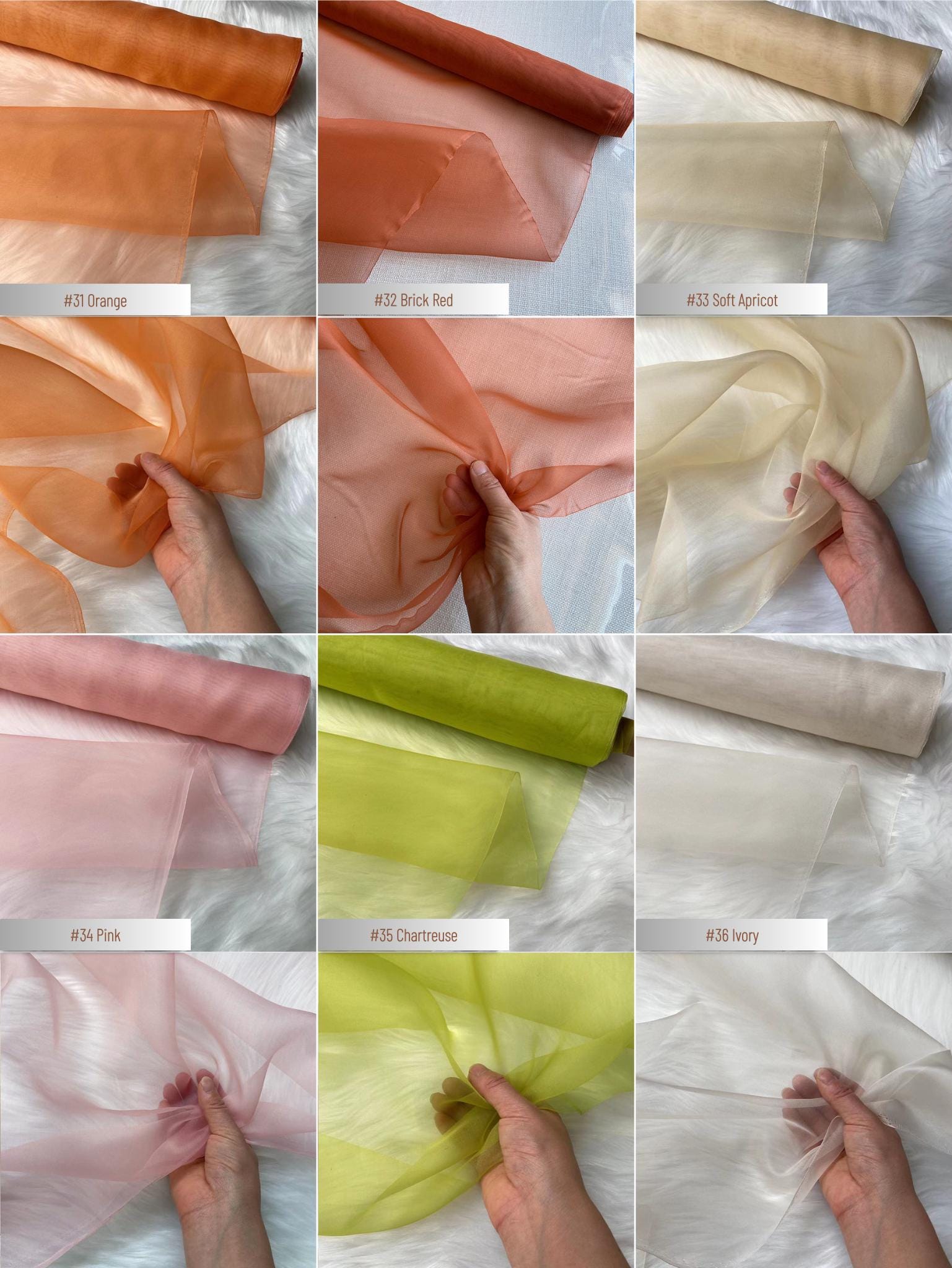 100% Silk Organza, 6 Momme 60 Solid Colors Silk Fabric, 140cm wide by the Yard or Meter