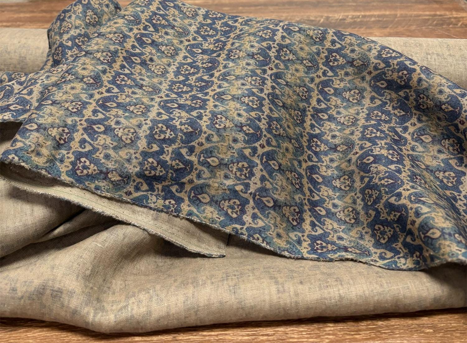 BJZHI - 100% Linen, Vintage Blue Digital Print, 220 gram 140cm wide by the Yard