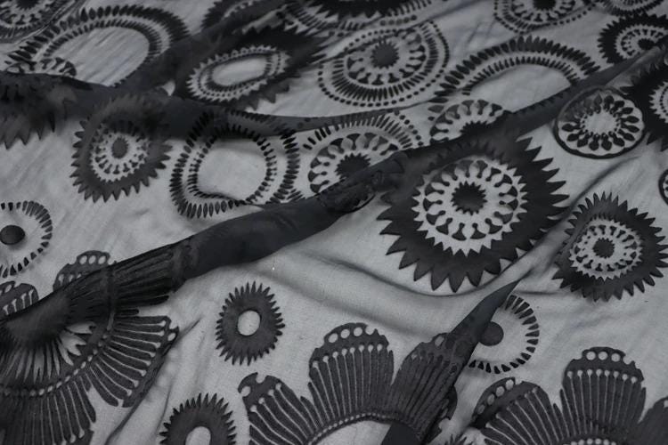 a close-up view of a fabric with a repeating pattern of black and white circles and lines, creating a visually striking and intricate design.