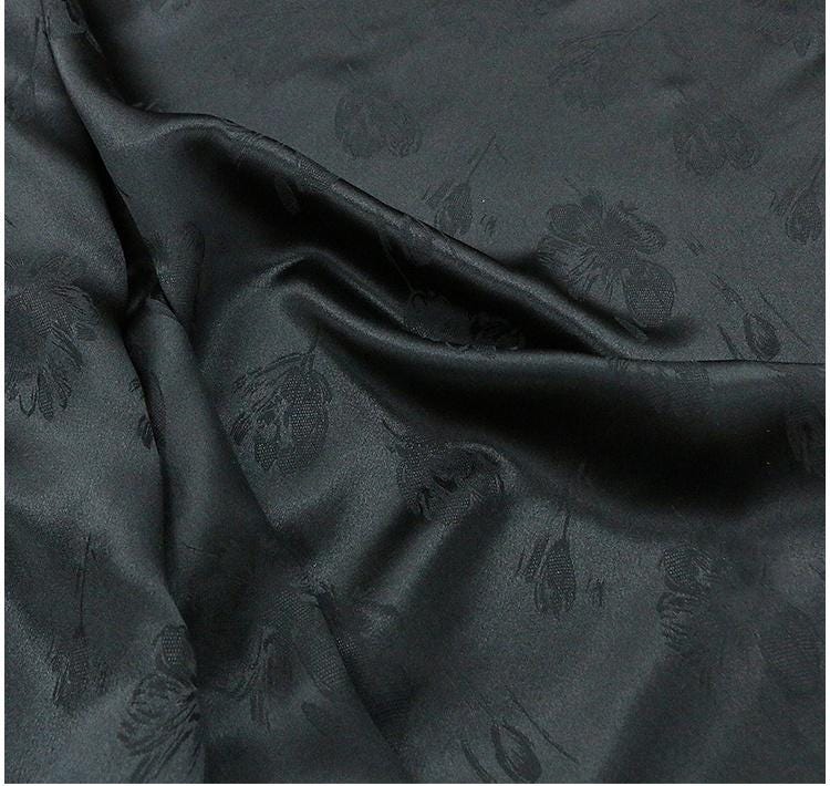 YUJIXA- Handmade 19 Momme Black Tulip Jacquard Silk Brocade Mulberry Silk Fabric - 135cm wide by the Yard