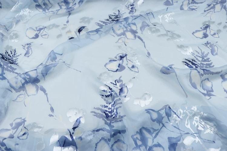 a close-up view of a fabric with a blue and white floral pattern. The fabric appears to be light blue, with the flowers and leaves in shades of white and blue. The pattern is intricate and detailed, with the flowers and leaves filling the entire fabric. The image does not contain any text or other objects, and the focus is solely on the fabric and its floral design.