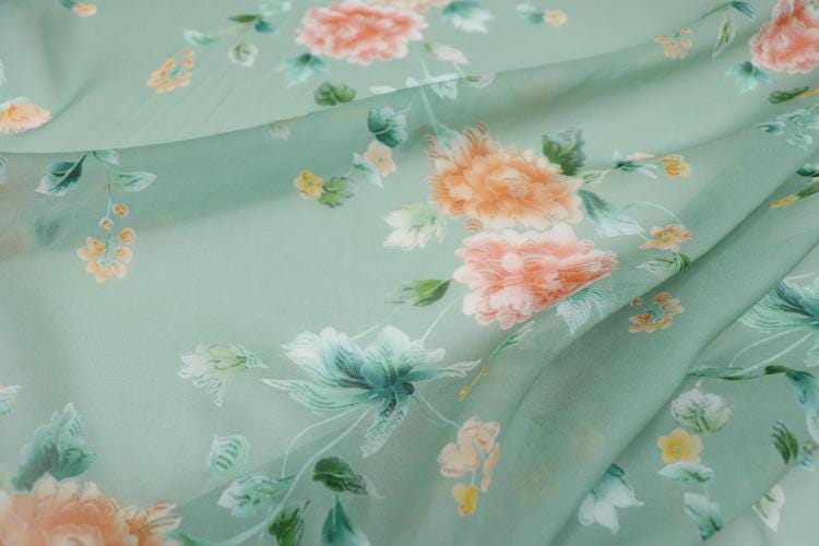 JFHLDH - 9 Momme Green-based Floral Print Silk Georgette Fabric - 137cm wide by the Yard