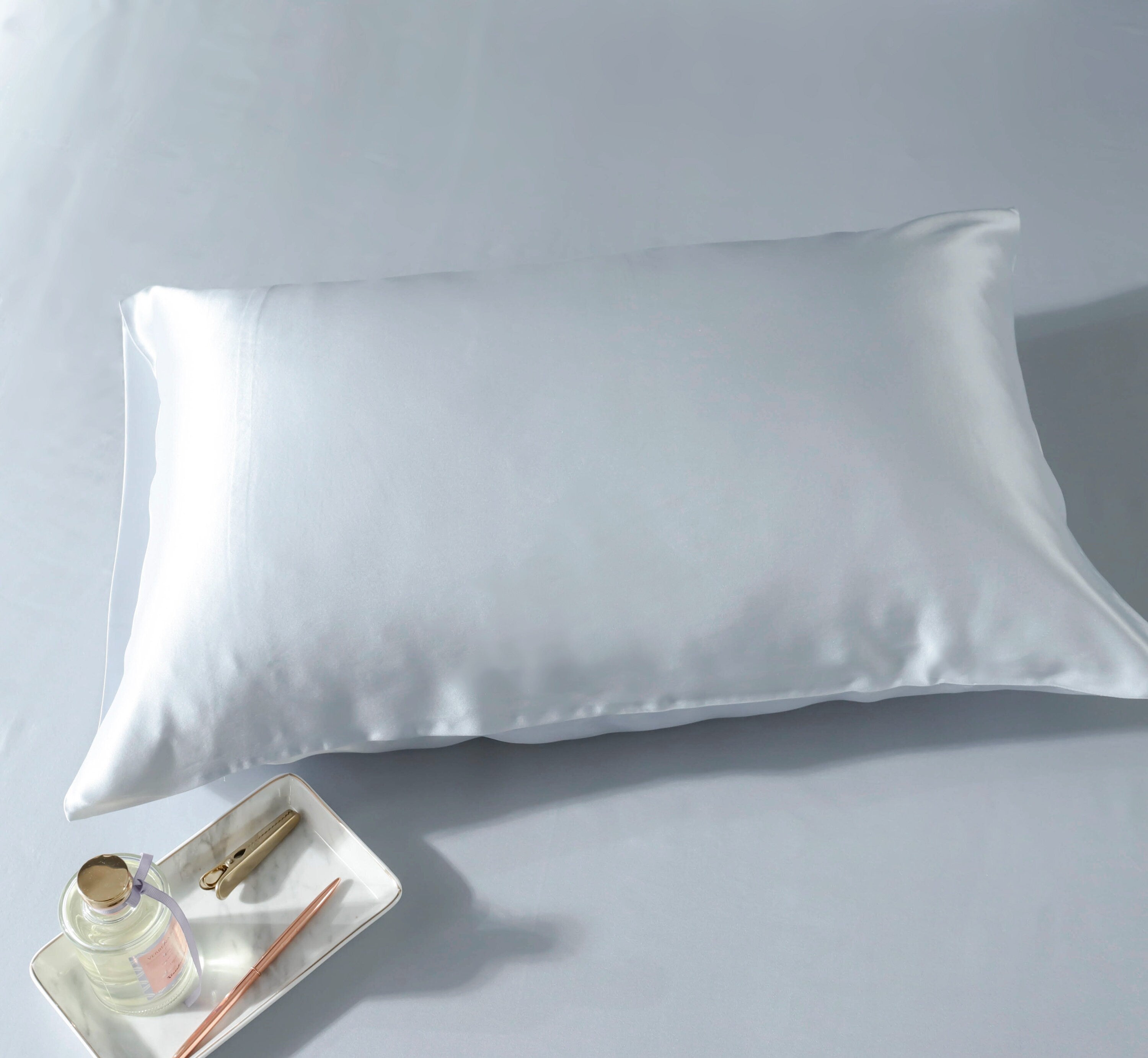 22mm Silver Blue Silk Pillowcase, for Better Skin Less Sleep Creases, Handmade with 100% Silk for King, Queen, and Customized Sizes Bedding.