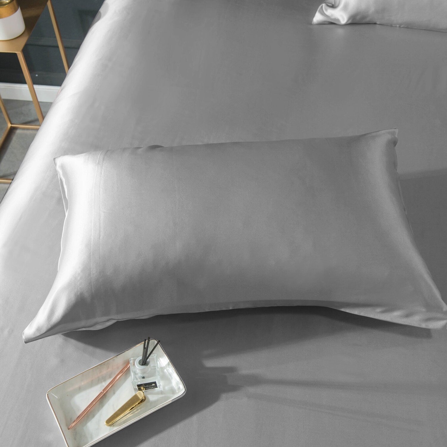22mm Silver Gray Silk Pillowcase, for Better Skin Less Sleep Creases, Handmade with 100% Silk for King, Queen, and Customized Sizes Bedding.
