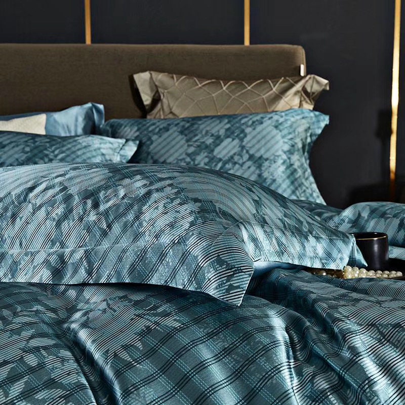 RESERVED CUSTOM ORDER - Handmade 6 Set Silk Bedding,16mm Blue Stripes Digital Printings 100% Pure 6A Silk with Custom size.