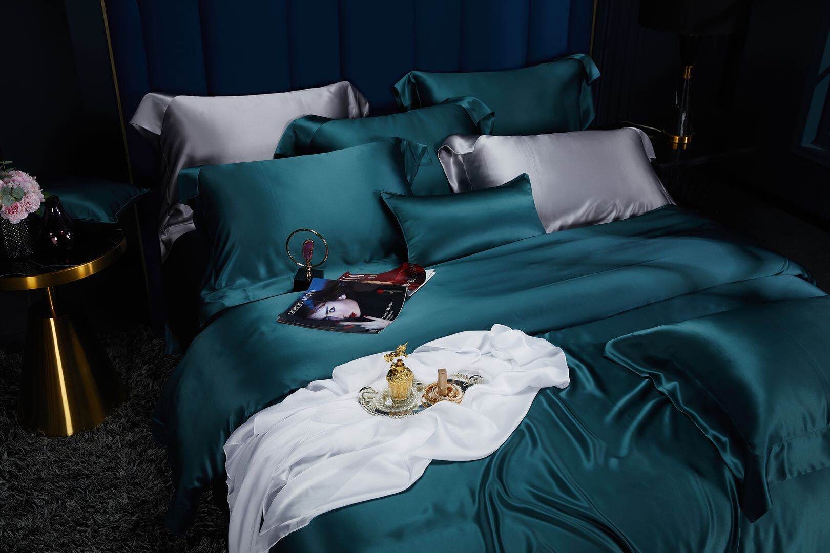 Handmade Flat Sheet in Peacock Blue 100% Pure 6A Silk, 30mm smooth, natural, sleep beauty Silk Bedding for King, queen, custom size.