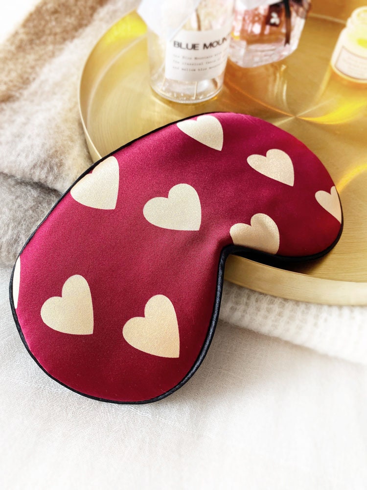 Charmeuse Pure Silk Eye Mask, Hepburn Beauty, Classic Red and White Hearts - Sleep Mask in 26mm Silk Satin, 100% Pure Silk Eyemask