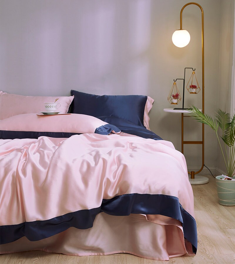 Charmeuse Silk Bedding Set,19 Momme Purple+Champagne,2 Pillowcases+flat sheet+duvet cover,100% Mulberry Silk Gift/GIFT FOR HER