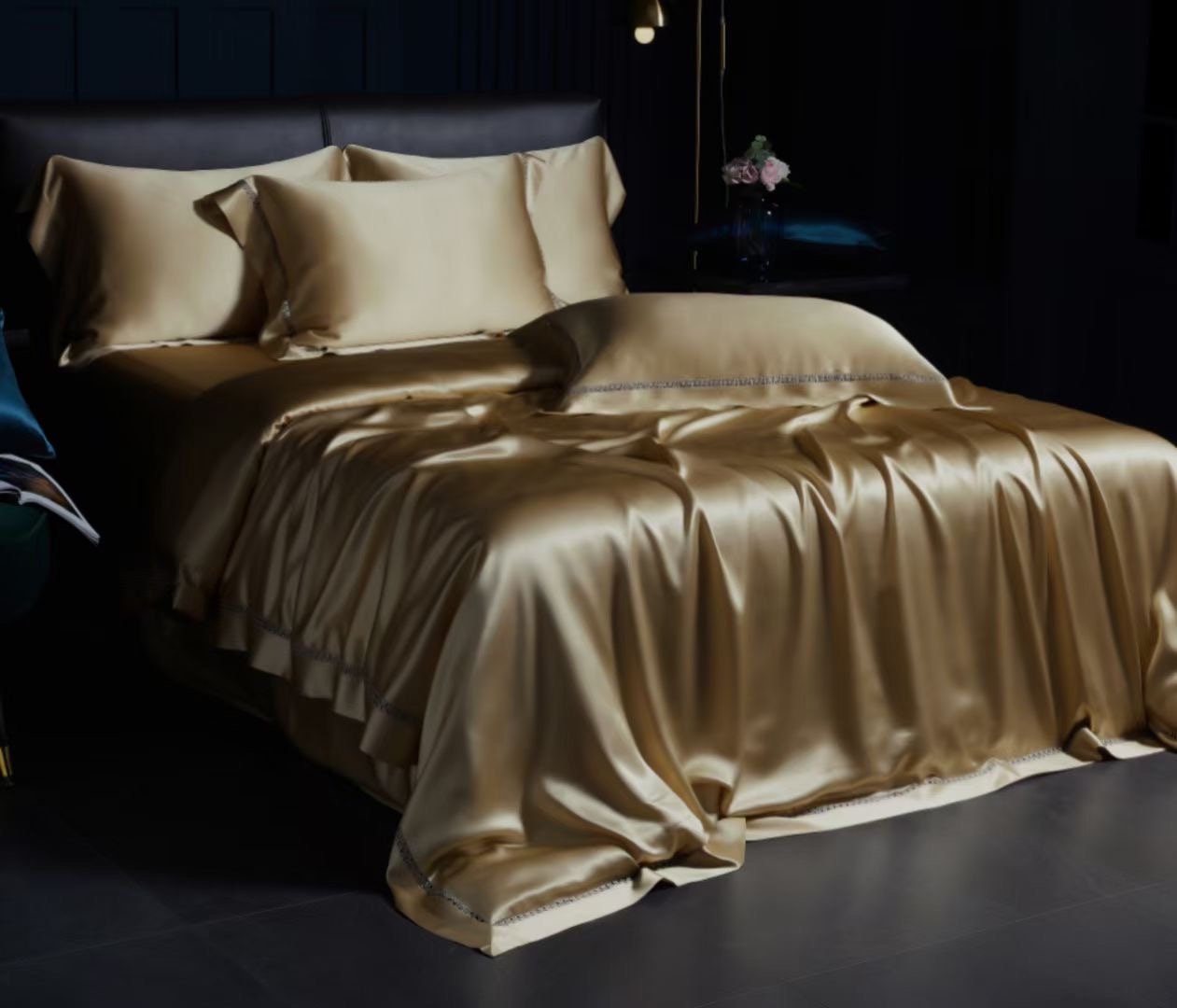 Super Luxury Silk Bedding Set,Oxford Style with detailed Lace Purfle. Anniversary Gift for HER.