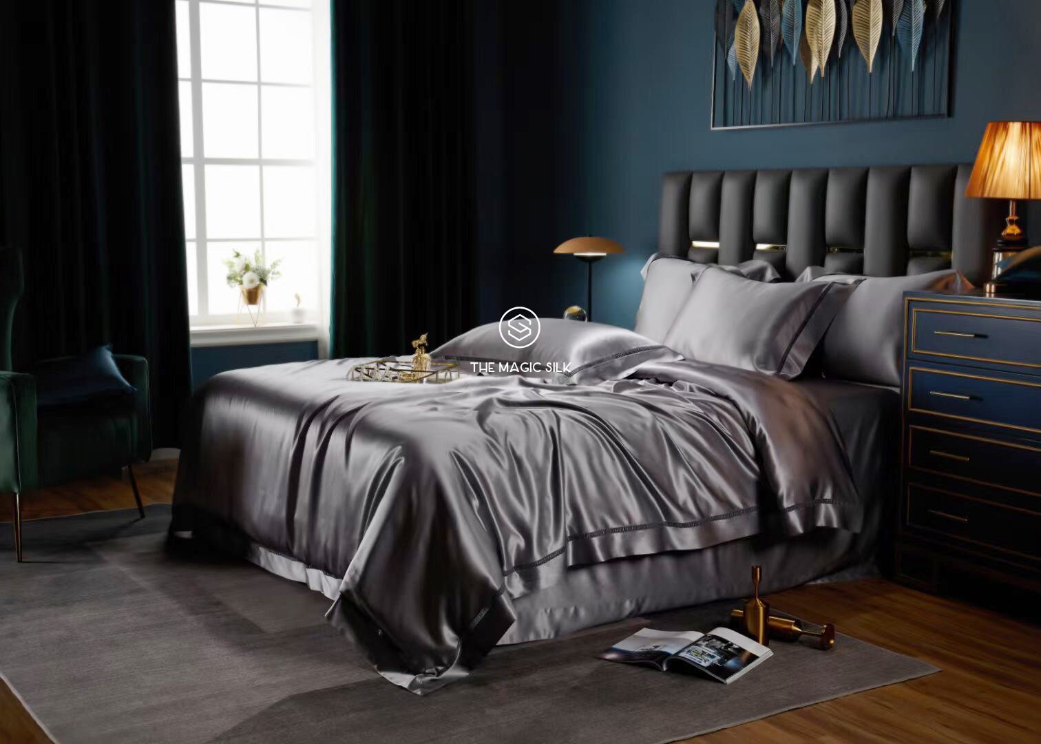 Charmeuse silk bedding set in Silver Gray 25 Momme 100% 6A mulberry silk set King,Queen 4 pieces