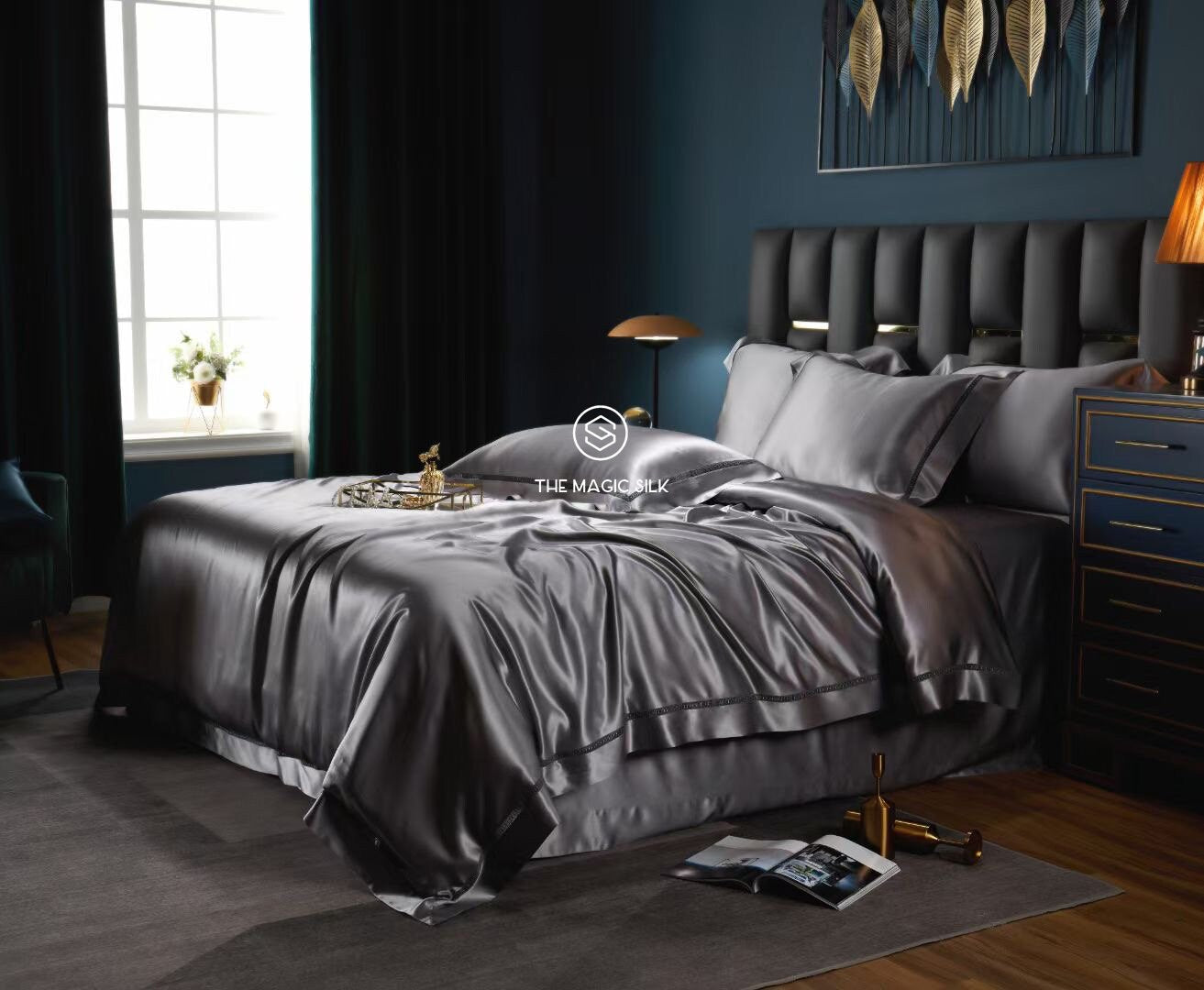 Charmeuse silk bedding set in Silver Gray 25 Momme 100% 6A mulberry silk set King,Queen 4 pieces