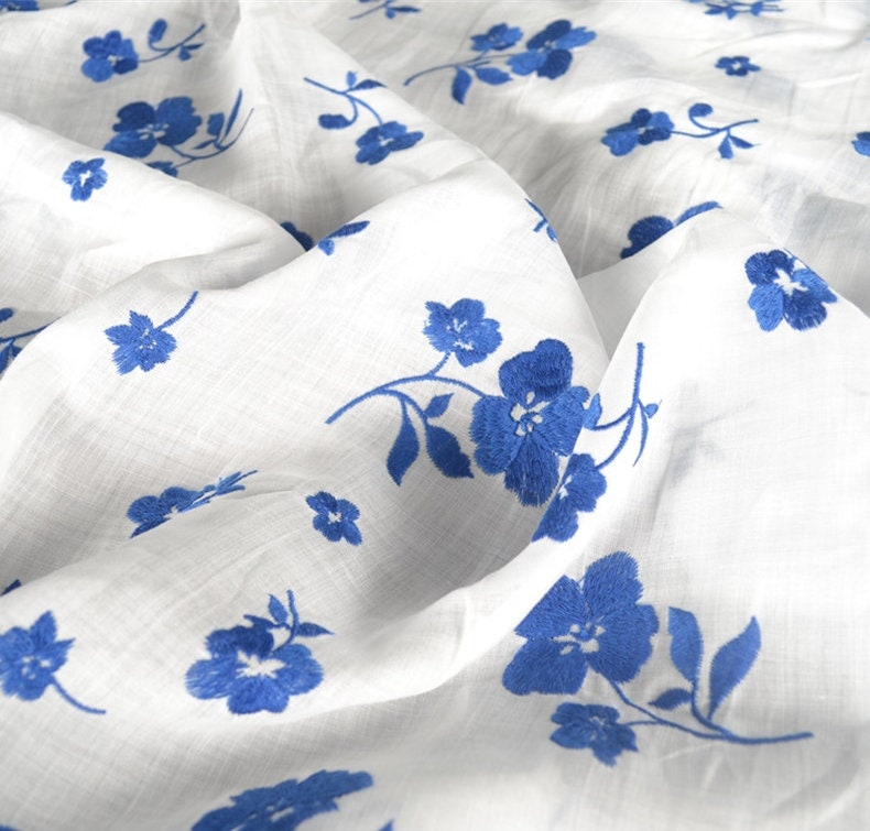 Beautiful Digital Printed Ramie fabric,Embroidered flowers,55"/140cm 100% Ramie fabric, for  dresses, shirts. blouse, by the yard