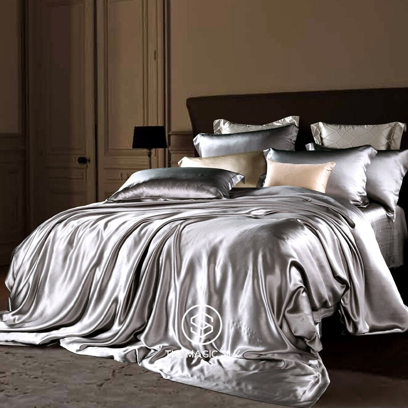 Luxurious Silk Bedding Set 4 pieces. Charmeuse silk bedding set in Smoky Gray. Made in 25 momme 100% Anti-Allergic Mulberry Silk.