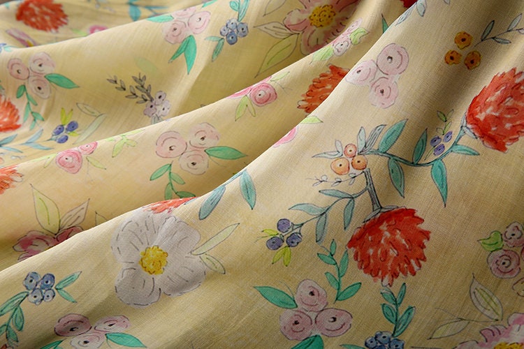 CHURUI Warm Yellow Floral Print 42 Thread Count Ramie Fabric - 140cm wide by the Yard