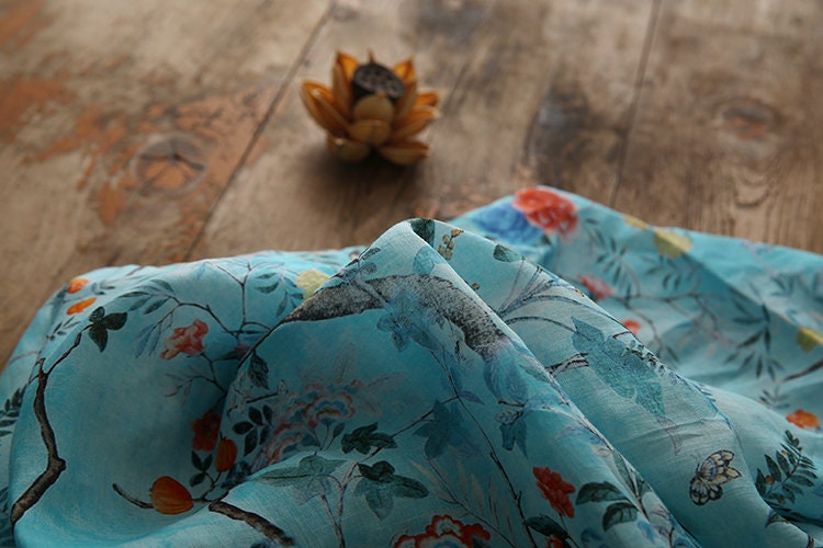 LIUXU Beautiful Printed Pomegranate Blue Ramie fabric By the Yard