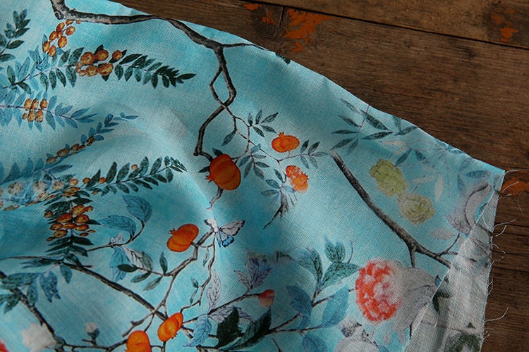 LIUXU Beautiful Printed Pomegranate Blue Ramie fabric By the Yard