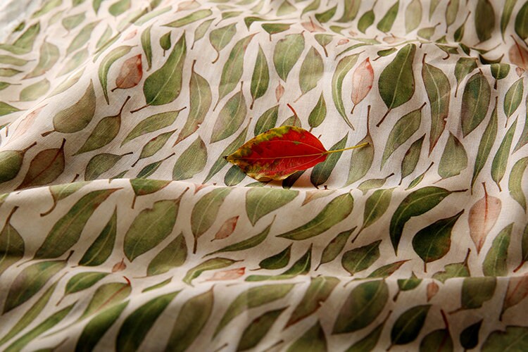 QIANLIU Vintage Leaves Printed Ramie fabric By the Yard