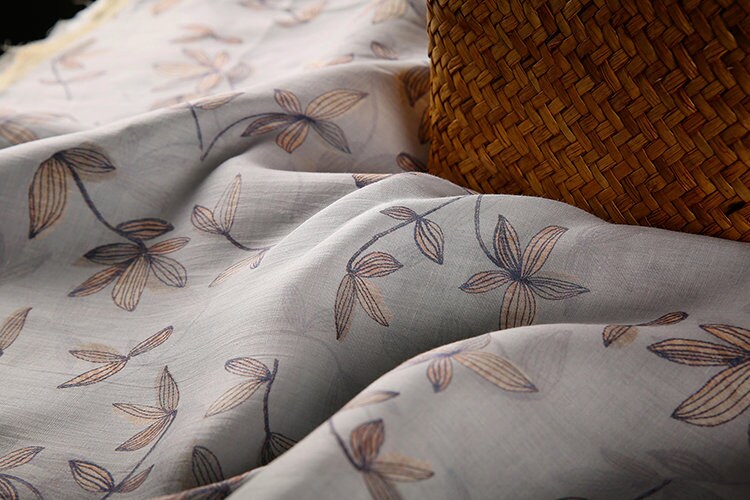 KONGLING Leaves Printed Light Gray 42 Thread Count Ramie Fabric - 140cm wide by the Yard