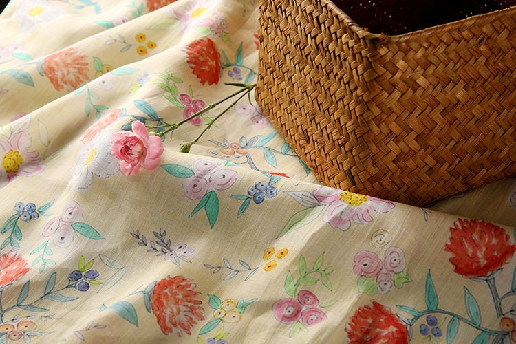 CHURUI Warm Yellow Floral Print 42 Thread Count Ramie Fabric - 140cm wide by the Yard